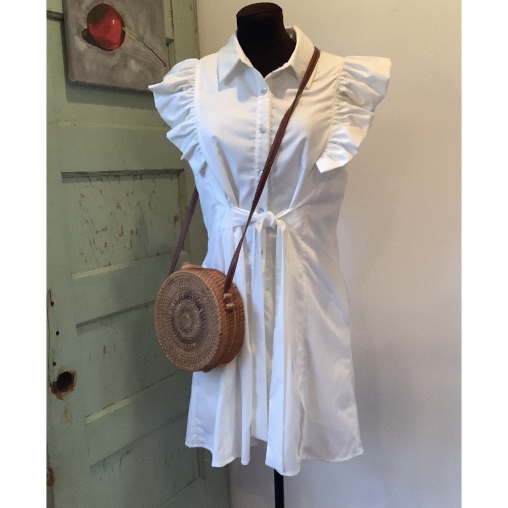 entro White Shirt Dress Ruffle Cap Sleeve Knee Length Flirty Summer Office S